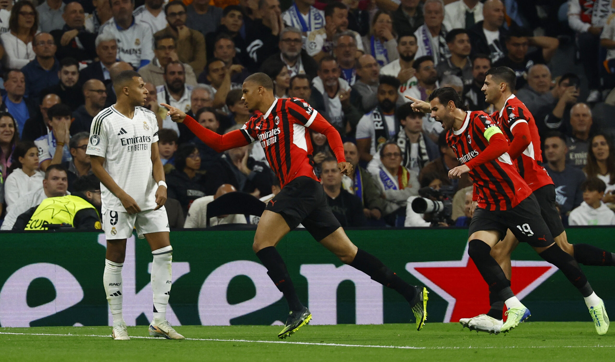 Soccer Football - Champions League - Real Madrid v AC Milan - Santiago Bernabeu, Madrid, Spain - November 5, 2024 AC Milan&#039;s Malick Thiaw celebrates scoring their first goal,Image: 930831600, License: Rights-managed, Restrictions: , Model Release: no, Credit line: Susana Vera / Reuters / Forum