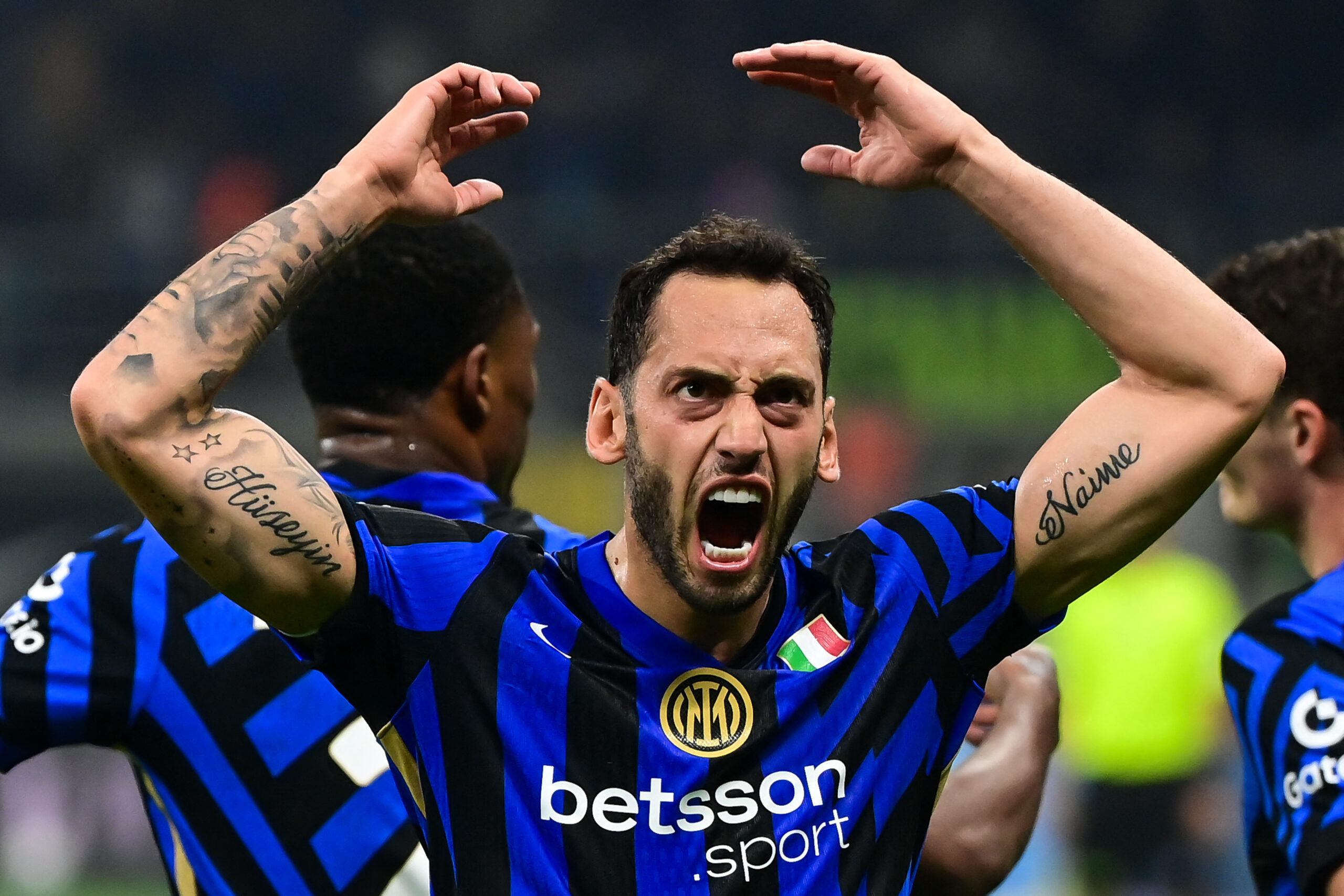 MILAN, ITALY - NOVEMBER 10: Inter Milan&#039;s Hakan Calhanoglu celebrates after scoring a goal during the Italian Serie A football match Inter Milan and SSC Napoli at San Siro Stadium in Milan, Italy on November 10, 2024. Piero Cruciatti / Anadolu/ABACAPRESS.COM,Image: 932823913, License: Rights-managed, Restrictions: , Model Release: no, Credit line: AA/ABACA / Abaca Press / Forum