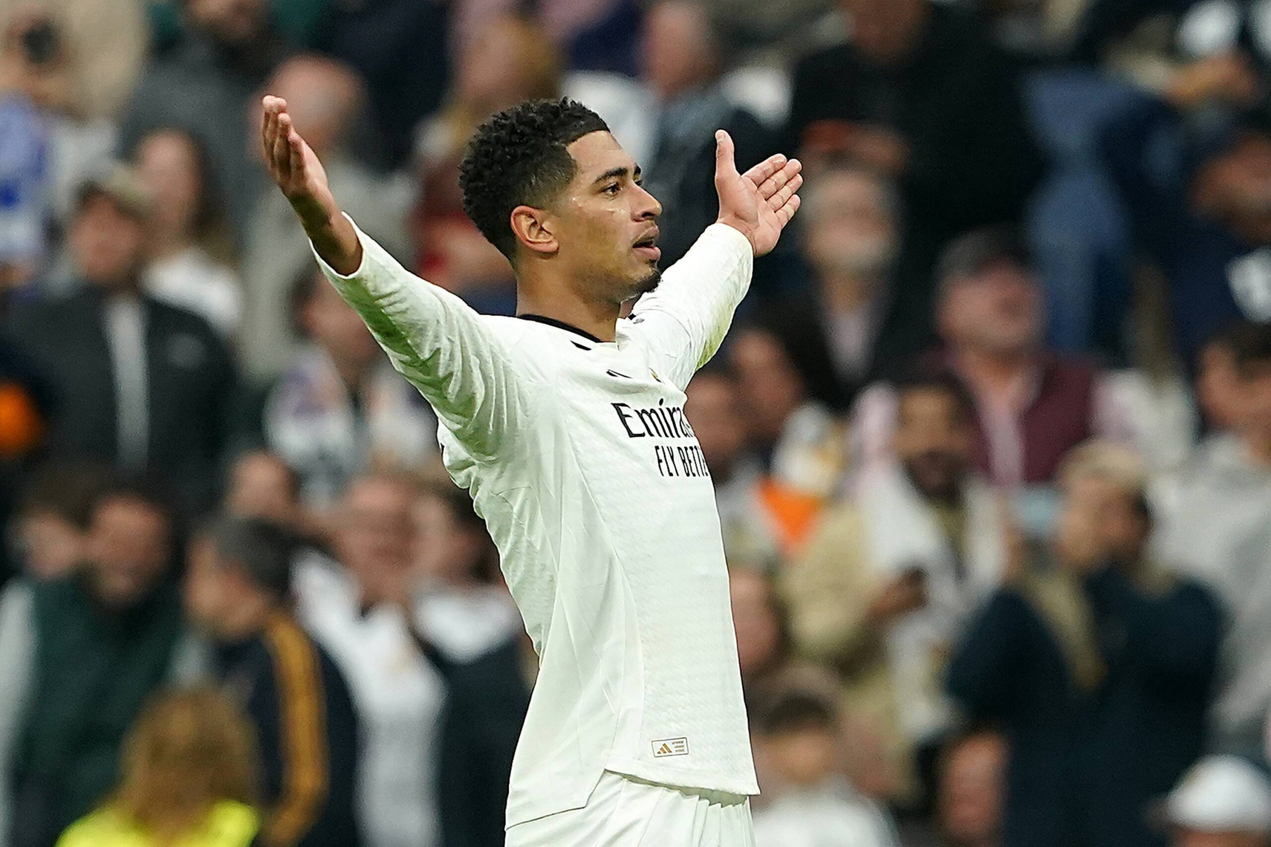 Spanish La Liga EA Sports soccer match Real Madrid vs Osasuna at Santiago Bernabeu Stadium in Madrid, Spain 09 November 2024 Jude Bellingham celebrates a goal 900/CordonxPress LOF - Real Madrid vs Osasuna,Image: 933033884, License: Rights-managed, Restrictions: PUBLICATIONxNOTxINxFRAxESP, Model Release: no, Credit line: 900/Cordon Press / imago sport / Forum