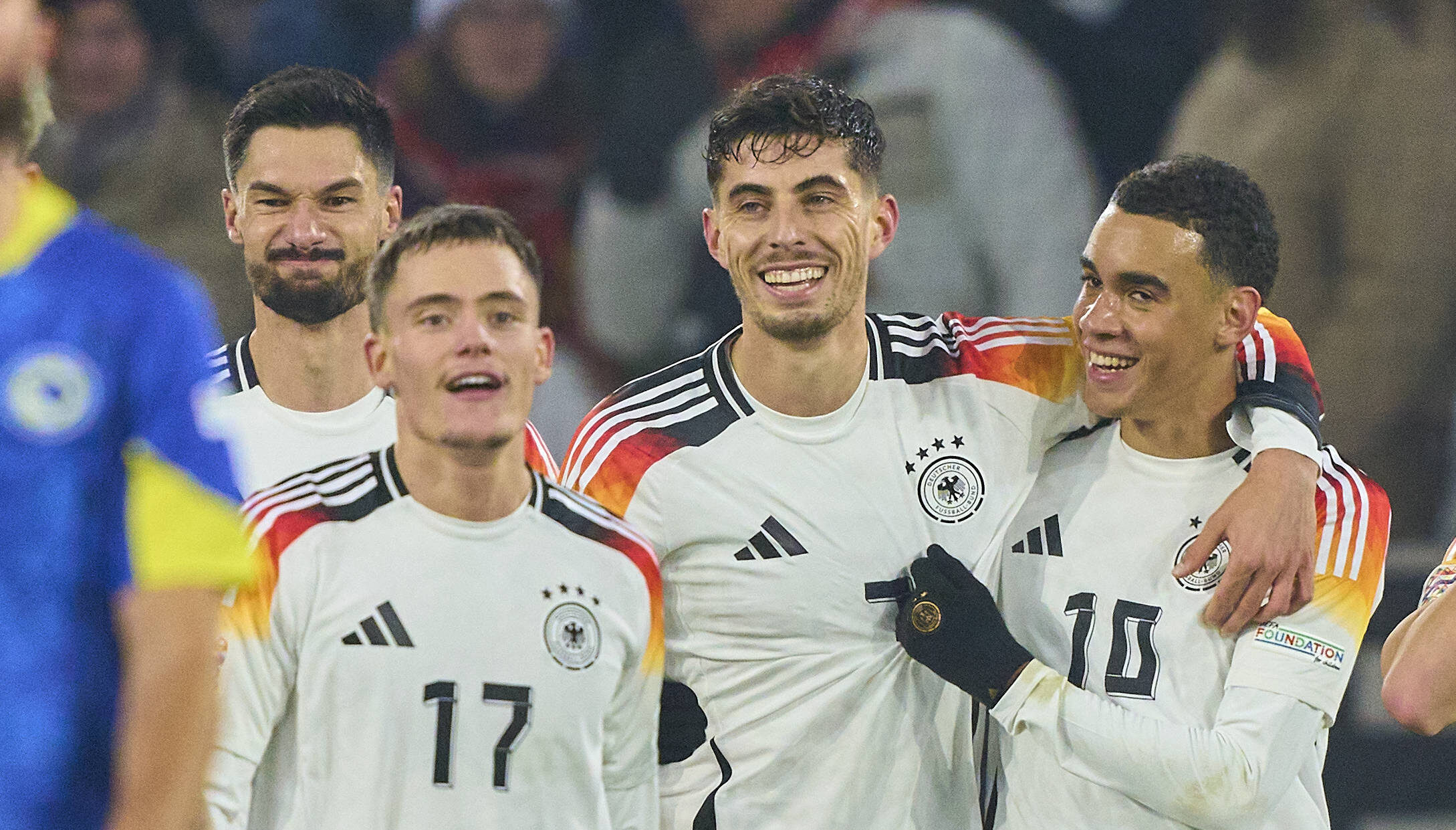 Kai Havertz, DFB 7 celebrates his 3-0 goal, happy, laugh, celebration, with Jamal MUSIALA, Florian Wirtz, Nr. 17 DFB Tim Kleindienst, DFB 9 in the UEFA Nations League 2024 match GERMANY - BOSNIA HERZEGOVINA in Season 2024/2025 at Nov 16, 2024 in Freiburg, Germany.,Image: 935267959, License: Rights-managed, Restrictions: , Model Release: no, Credit line: IMAGO / imago sport / Forum