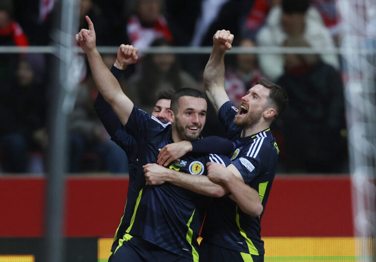 Soccer Football - Nations League - Group Stage - Poland v Scotland - Kazimierz Gorski National Stadium, Warsaw, Poland - November 18, 2024 Scotland&#039;s John McGinn celebrates scoring their first goal with with teammates,Image: 936018219, License: Rights-managed, Restrictions: , Model Release: no, Credit line: Kacper Pempel / Reuters / Forum