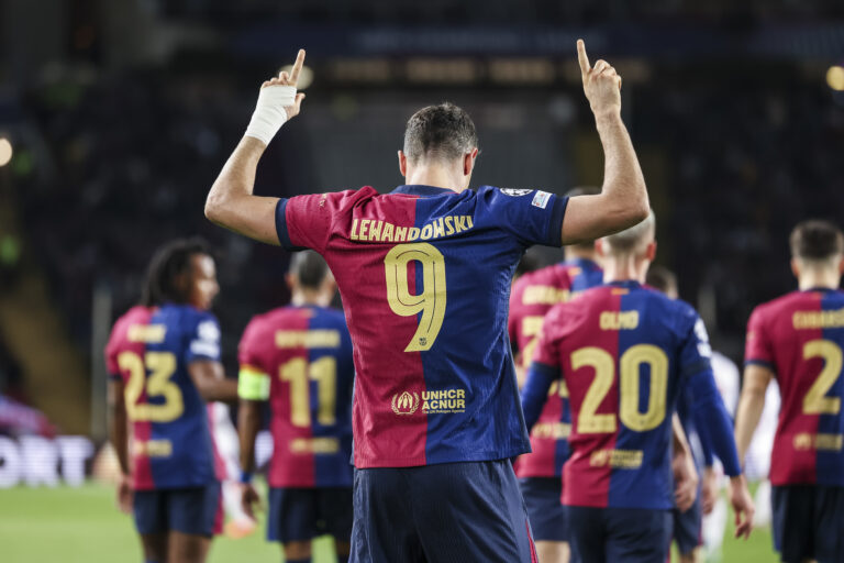 November 26, 2024, Barcelona, Barcelona, SPAIN: Robert Lewandowski of FC Barcelona celebrates a goal during the UEFA Champions League 2024/25 League Phase MD5, match between FC Barcelona and Stade Brestois 29 at Estadi Olimpic Lluis Companys on November 26, 2024 in Barcelona, Spain.,Image: 939585877, License: Rights-managed, Restrictions: , Model Release: no, Credit line: Javier Borrego / Zuma Press / Forum