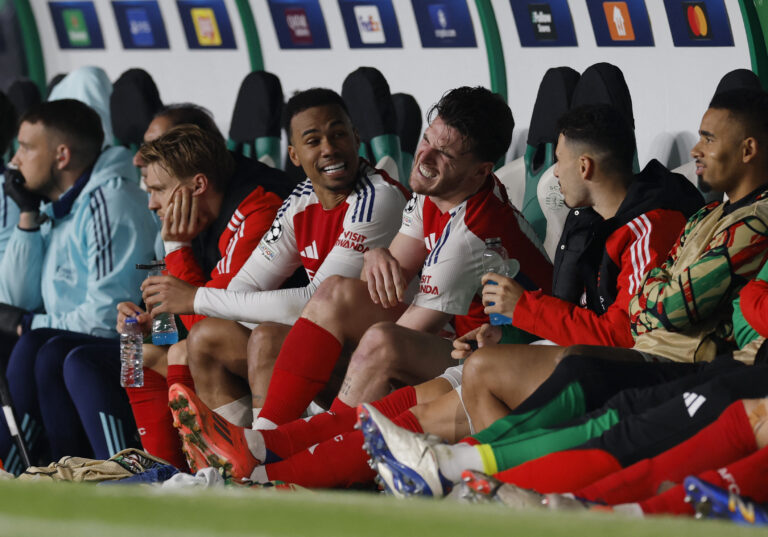 Soccer Football - Champions League - Sporting CP v Arsenal - Estadio Jose Alvalade, Lisbon, Portugal - November 26, 2024 Arsenal&#039;s Gabriel Magalhaes and Declan Rice on the substitutes bench,Image: 939611058, License: Rights-managed, Restrictions: , Model Release: no, Credit line: Andrew Couldridge / Reuters / Forum