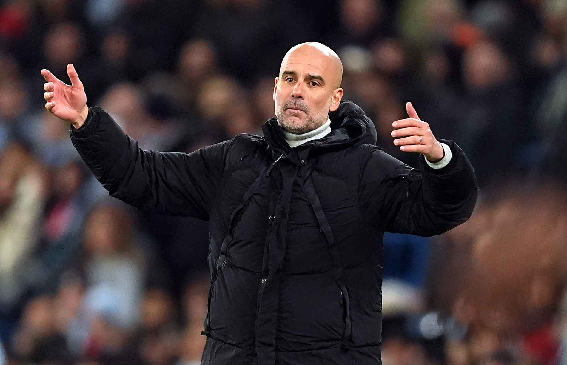 Manchester City manager Pep Guardiola during the UEFA Champions League, league stage match at the Etihad Stadium, Manchester. Picture date: Tuesday November 26, 2024.,Image: 939613453, License: Rights-managed, Restrictions: Use subject to restrictions. Editorial use only, no commercial use without prior consent from rights holder., Model Release: no, Credit line: Martin Rickett / PA Images / Forum