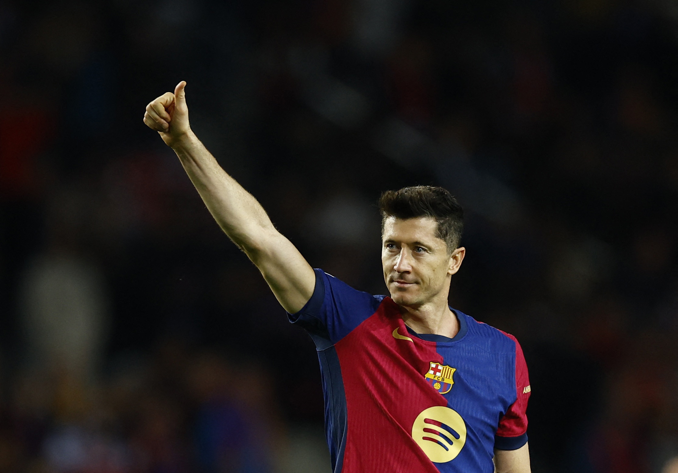 Soccer Football - Champions League - FC Barcelona v Brest - Estadi Olimpic Lluis Companys, Barcelona, Spain - November 26, 2024 FC Barcelona&#039;s Robert Lewandowski celebrates after the match,Image: 939617476, License: Rights-managed, Restrictions: , Model Release: no, Credit line: Albert Gea / Reuters / Forum