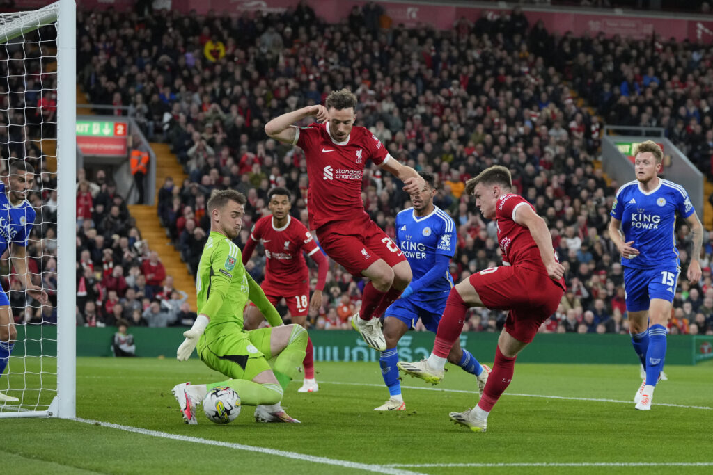 Jakub Stolarczyk #41 of Leicester City saves from Ben Doak #50 of Liverpool during the Carabao Cup Third Round match Liverpool vs Leicester City at Anfield, Liverpool, United Kingdom, 27th September 2023

(Photo by Steve Flynn/News Images) in Liverpool, United Kingdom on 9/27/2023. (Photo by Steve Flynn/News Images/Sipa USA)
2023.09.27 Liverpool
pilka nozna puchar ligi angielskiej
Liverpool - Leicester City
Foto Steve Flynn/News Images/SIPA USA/PressFocus

!!! POLAND ONLY !!!