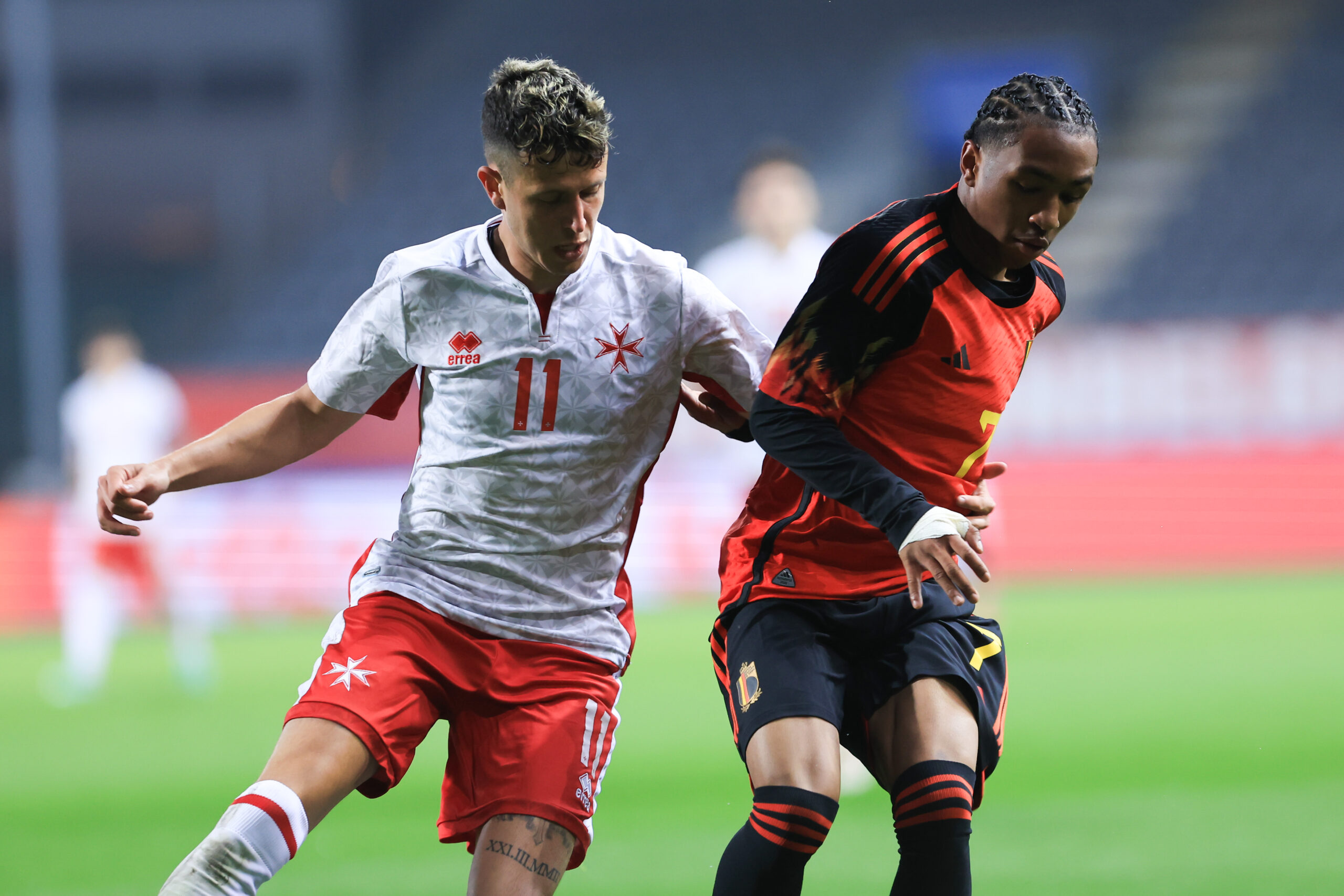 Alejandro Garzia of Malta battles for the ball with Malick Fofana of Belgium during a soccer game between the Under 21 national teams of Belgium and Malta on the 6 th matchday in group B in the qualifying of the EUFA Under 21  Championship , on  Thursday 21 March 2024  in Leuven , Belgium .(Photo by Frank Abbeloos / Isosport/Content Curation/Sipa USA)
2024.03.21 Leuven
pilka nozna kwalifikacje do mistrzostw Europy U-21 , eliminacje
Belgia U21 - Malta U21
Foto Frank Abbeloos/Isosport/Content Curation/SIPA USA/PressFocus

!!! POLAND ONLY !!!