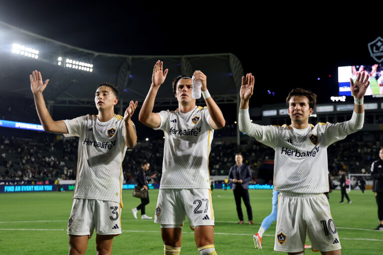 May 11, 2024; Carson, California, USA; LA Galaxy defender Julian Aude (3), forward Miguel Berry (27) and midfielder Riqui Puig (10) react after a game against Real Salt Lake at Dignity Health Sports Park. Mandatory Credit: William Navarro-USA TODAY Sports/Sipa USA
2024.05.11 Carson
pilka nozna amerykanska liga MLS
MLS: Real Salt Lake at LA Galaxy
Foto William Navarro-USA TODAY Sports/SIPA USA/PressFocus

!!! POLAND ONLY !!!