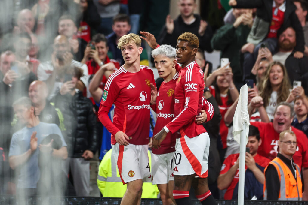 Marcus Rashford of Manchester United celebrates his goal to make it 1-0 during the Carabao Cup 3rd Round match Manchester United vs Barnsley at Old Trafford, Manchester, United Kingdom, 17th September 2024

(Photo by Mark Cosgrove/News Images) in ,  on 9/17/2024. (Photo by Mark Cosgrove/News Images/Sipa USA)
2024.09.17 Manchester
Pilka nozna , Puchar Ligi Angielskiej
Manchester United - Barnsley
Foto Mark Cosgrove/News Images/SIPA USA/PressFocus

!!! POLAND ONLY !!!