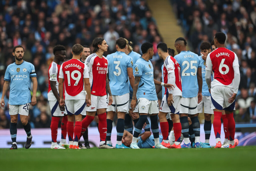 Rodri of Manchester City goes down injured during the Premier League match Manchester City vs Arsenal at Etihad Stadium, Manchester, United Kingdom, 22nd September 2024

(Photo by Mark Cosgrove/News Images) in ,  on 9/22/2024. (Photo by Mark Cosgrove/News Images/Sipa USA)
2024.09.22 
pilka nozna liga angielska
 Manchester City v Arsenal
Foto News Images/SIPA USA/PressFocus

!!! POLAND ONLY !!!