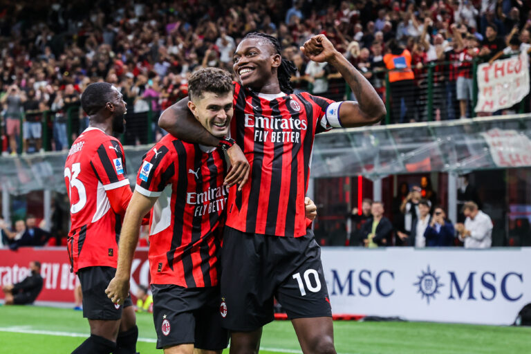 (L-R) Christian Pulisic of AC Milan celebrates with Rafael Leao of AC Milan during Serie A 2024/25 football match between AC Milan and US Lecce at San Siro Stadium. Final scores; Milan  3 | 0  Lecce. (Photo by Fabrizio Carabelli / SOPA Images/Sipa USA)
2024.09.27 Milan
pilka nozna liga wloska
AC Milan - US Lecce
Foto Fabrizio Carabelli / SOPA Images/SIPA USA/PressFocus

!!! POLAND ONLY !!!