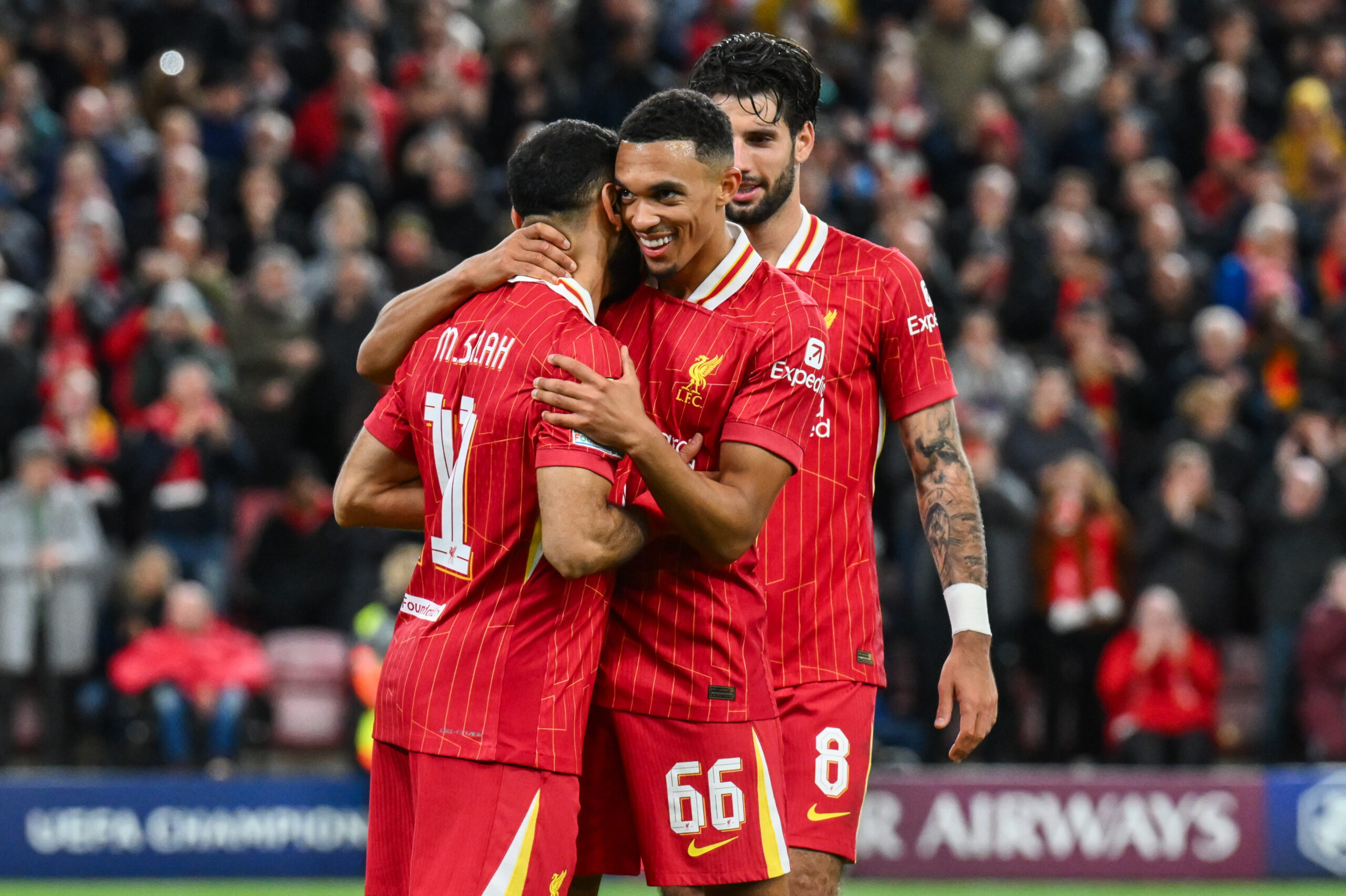 Mohamed Salah of Liverpool celebrates his goal with Trent Alexander-Arnold during the UEFA Champions League  - League Stage match Liverpool vs Bologna at Anfield, Liverpool, United Kingdom, 2nd October 2024

(Photo by Craig Thomas/News Images) in Liverpool, United Kingdom on 10/2/2024. (Photo by Craig Thomas/News Images/Sipa USA)
2024.10.02 Liverpool
pilka nozna liga mistrzow
Liverpool - Bologna
Foto Craig Thomas/News Images/SIPA USA/PressFocus

!!! POLAND ONLY !!!