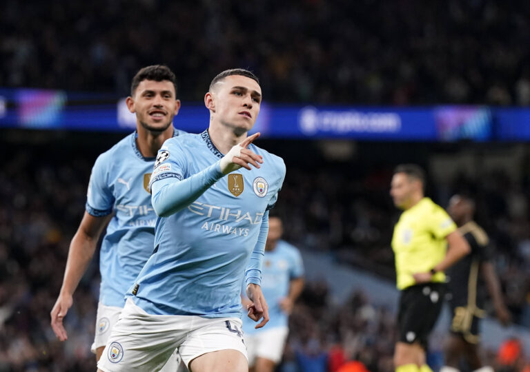 Manchester, England, 23rd October 2024. Phil Foden of Manchester City celebrates scoring his sides opening goal during the UEFA Champions League match at the Etihad Stadium, Manchester. Picture credit should read: Andrew Yates / Sportimage EDITORIAL USE ONLY. No use with unauthorised audio, video, data, fixture lists, club/league logos or live services. Online in-match use limited to 120 images, no video emulation. No use in betting, games or single club/league/player publications. SPI-3405-0018
2024.10.23 Manchester
pilka nozna liga mistrzow
Manchester City - Sparta Praga
Foto IMAGO/PressFocus

!!! POLAND ONLY !!!