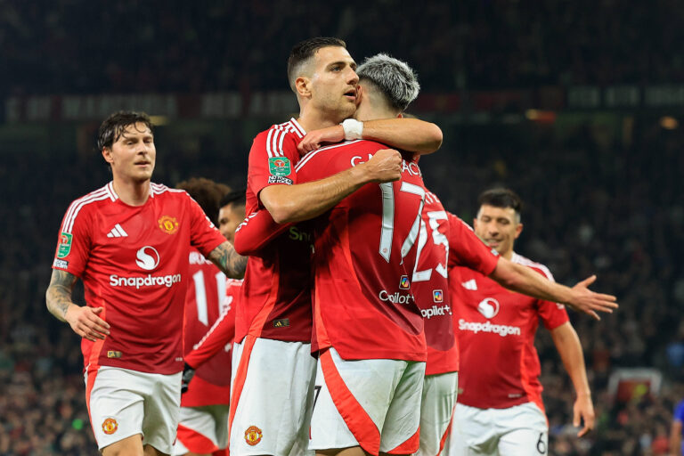 Manchester United, ManU v Leicester City EFL Cup 30/10/2024. Diogo Dalot 20 hugs Alejandro Garnacho 17 of Manchester United who scores to make it 2-0 during the EFL Cup match between Manchester United and Leicester City at Old Trafford, Manchester, England on 30 October 2024. Manchester Old Trafford Greater Manchester England Editorial use only DataCo restrictions apply See www.football-dataco.com , Copyright: xConorxMolloyx PSI-20709-0135
2024.10.30 Manchester
pilka nozna puchar ligi angielskiej
Manchester United - Leicester
Foto IMAGO/PressFocus

!!! POLAND ONLY !!!