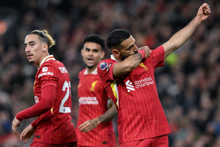 Mohamed Salah of Liverpool celebrates his goal to make it 2-1 Liverpool during the Premier League match Liverpool vs Brighton and Hove Albion at Anfield, Liverpool, United Kingdom, 2nd November 2024

(Photo by Cody Froggatt/News Images) in Liverpool, United Kingdom on 11/2/2024. (Photo by Cody Froggatt/News Images/Sipa USA)
2024.11.02 Liverpool
pilka nozna liga angielska
Liverpool - Brighton and Hove Albion
Foto Cody Froggatt/News Images/SIPA USA/PressFocus

!!! POLAND ONLY !!!