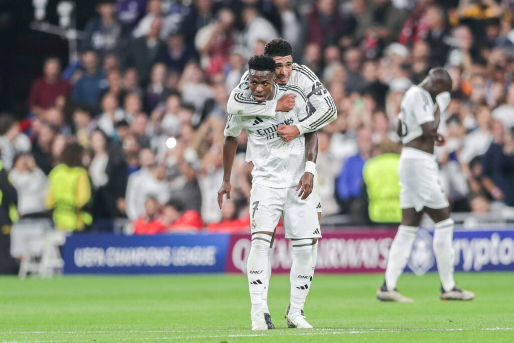 Vinicius Junior of Real Madrid (L) and Jude Bellingham of Real Madrid (R) celebrate after scoring a goal during the UEFA Champions League match between Real Madrid and AC Milan at Estadio Santiago Bernabeu. Final Score; Real Madrid 1:3 AC Milan. - Grzegorz Wajda / SOPA Images//SOPAIMAGES_RMAACM_05112024_49/Credit:SOPA Images/SIPA/2411070834

05.11.2024 Madrid
pilka nozna liga mistrzow
Real Madryt - AC Milan
Foto SOPA Images/SIPA / Sipa / PressFocus 
POLAND ONLY!!