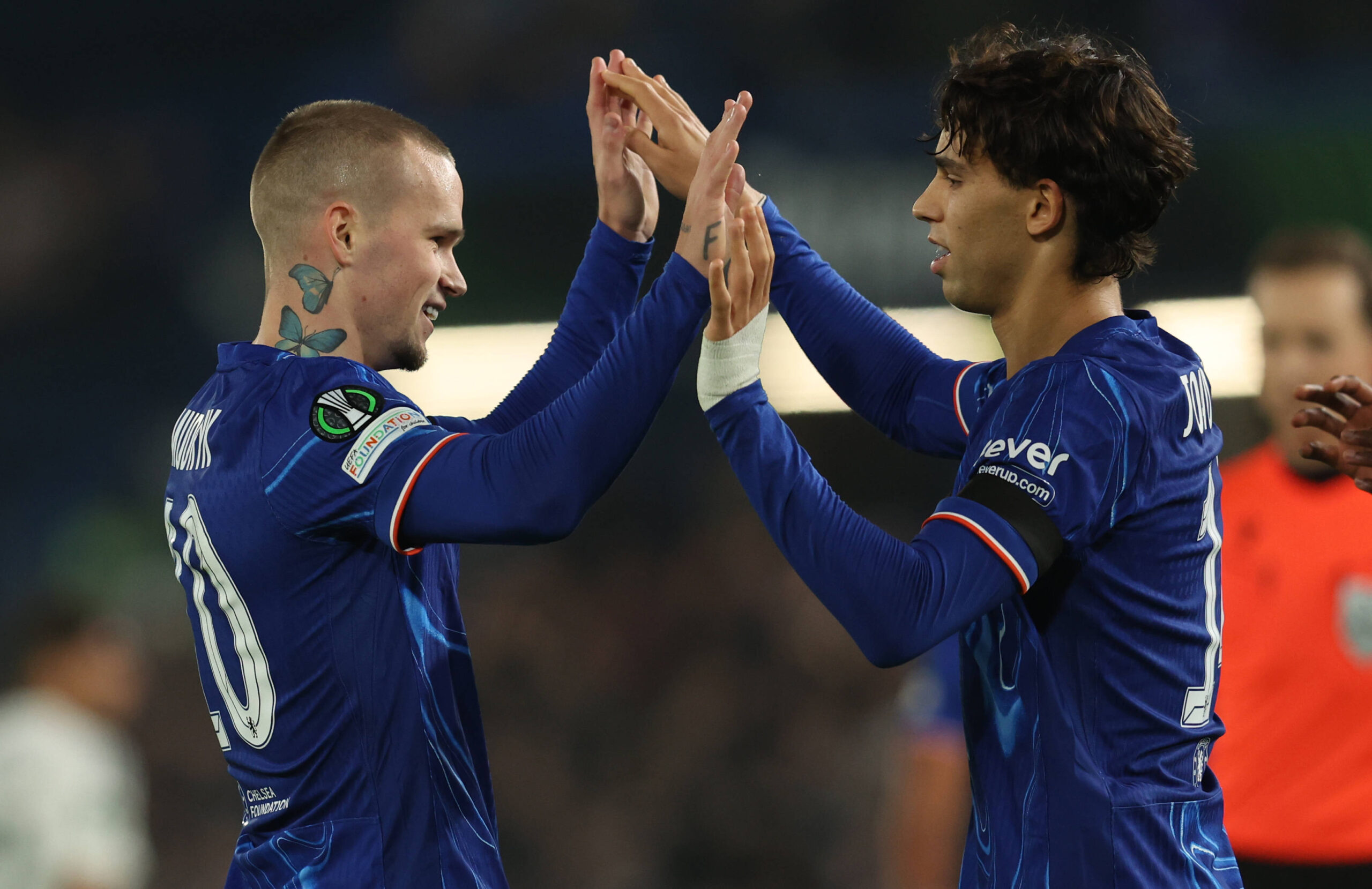 London, England, 7th November 2024. Mykhaylo Mudryk L of Chelsea celebrates with Joao Felix of Chelsea after scoring to make it 5-0 during the UEFA Europa Conference League match at Stamford Bridge, London. Picture credit should read: Paul Terry / Sportimage EDITORIAL USE ONLY. No use with unauthorised audio, video, data, fixture lists, club/league logos or live services. Online in-match use limited to 120 images, no video emulation. No use in betting, games or single club/league/player publications. SPI-3447-0050
2024.11.07 Londyn
pilka nozna liga konferencji europy
Chelsea - FC Noah
Foto IMAGO/PressFocus

!!! POLAND ONLY !!!