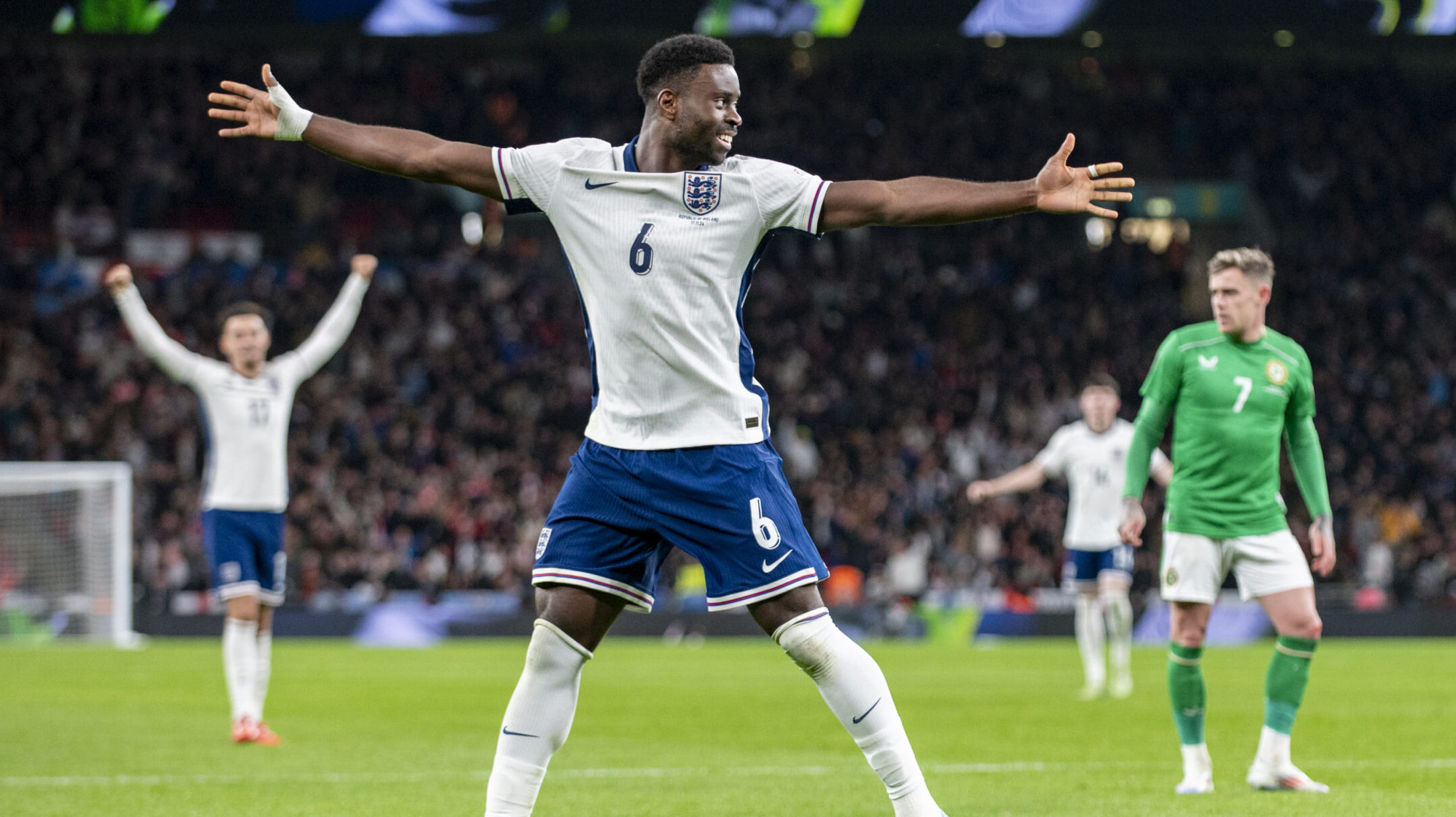 Marc Guehi of England celebrates Conor Gallagher of England scoring during the UEFA Nations League, League B, Group B2 match between England and Republic of Ireland at Wembley Stadium in London, England, United Kingdom on November 17, 2024 (Photo by Andrew Surma/ SIPA USA).
2024.11.17 Londyn
pilka nozna Liga Narodow
Anglia - Irlandia
Foto Andrew Surma/SIPA USA/PressFocus

!!! POLAND ONLY !!!