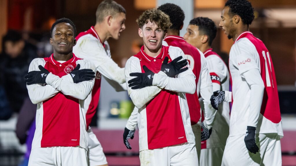 AMSTERDAM, 22-11-2024, Sportpark De Toekomst, Dutch Keuken Kampioen Divisie football, season 2024 / 2025. Match between Jong Ajax - Telstar. Jong Ajax player Jan Faberski performs a goal celebration with teammate Lucas Jetten (left), after scoring the 2-0. (Photo by Pro Shots/Sipa USA)
2024.11.22 
pilka nozna liga holenderska
Jong Ajax - SC Telstar
Foto Pro Shots Photo Agency/SIPA USA/PressFocus

!!! POLAND ONLY !!!