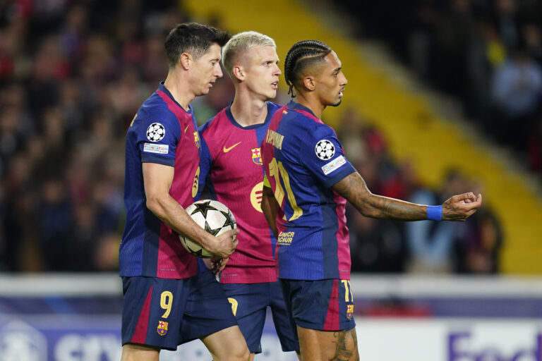 Robert Lewandowski with Raphael Dias Belloli Raphinha and Dani Olmo of FC Barcelona  during the UEFA Champions League match, date 5 between FC Barcelona and Stade Brestois played at Lluis Companys Stadium on November 26, 2024 in Barcelona, Spain. (Photo by Sergio Ruiz / Imago)  (Photo by pressinphoto/Sipa USA)
2024.11.26 Barcelona
pilka nozna liga mistrzow
FC Barcelona - Stade Brestois
Foto Sergio Ruiz/Imago/PRESSINPHOTO/SIPA USA/PressFocus

!!! POLAND ONLY !!!