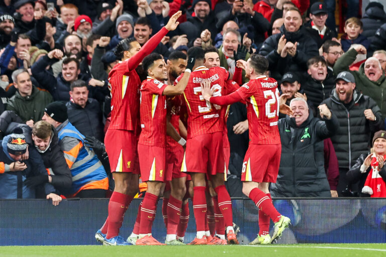 Cody Gakpo of Liverpool celebrates his goal with teammates to make it 2-0 during the UEFA Champions League, League Phase MD5 Liverpool v Real Madrid at Anfield, Liverpool, United Kingdom, 27th November 2024

(Photo by Mark Cosgrove/News Images) in Liverpool, United Kingdom on 11/27/2024. (Photo by Mark Cosgrove/News Images/Sipa USA)
2024.11.27 Liverpool
pilka nozna liga mistrzow
FC Liverpool - Real Madryt
Foto Mark Cosgrove/News Images/SIPA USA/PressFocus

!!! POLAND ONLY !!!