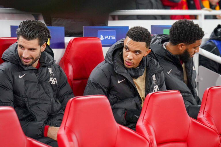 Liverpool FC v Real Madrid CF Liverpool defender Trent Alexander-Arnold 66 on substitute bench with Liverpool midfielder Dominik Szoboszlai 8 during the Liverpool FC v Real Madrid CF UEFA Champions League Round 1 league phase Matchday 5 at Anfield, Liverpool, England, United Kingdom on 27 November 2024 Editorial use only. All images are copyright Every Second Media Limited. No images may be reproduced without prior permission. Copyright: xIMAGO/EveryxSecondxMediax ESM-1227-0037
2024.11.27 
pilka nozna liga mistrzow
Liverpool - Real Madryt
Foto IMAGO/PressFocus

!!! POLAND ONLY !!!