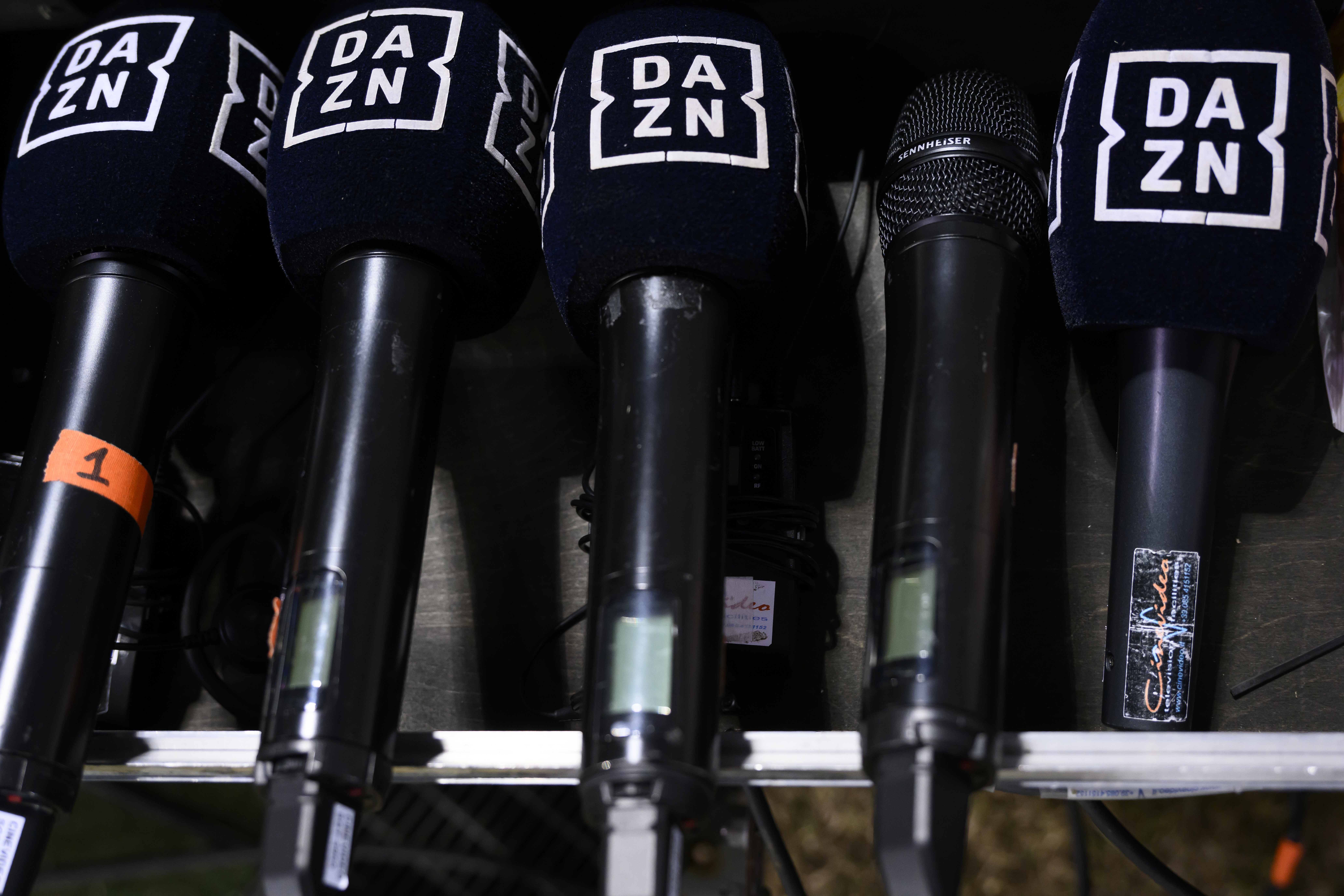 A set of microphones with DAZN television logo impressed on them are seen during the Serie A football match between ACF Fiorentina and FC Internazionale at Artemio Franchi stadium in Firenze (Italy), December 1, 2024./Sipa USA *** No Sales in France and Italy ***
2024.12.01 Florencja
pilka nozna liga wloska
ACF Fiorentina - Inter Mediolan
Foto Andrea Staccioli/Insidefoto/SIPA USA/PressFocus

!!! POLAND ONLY !!!