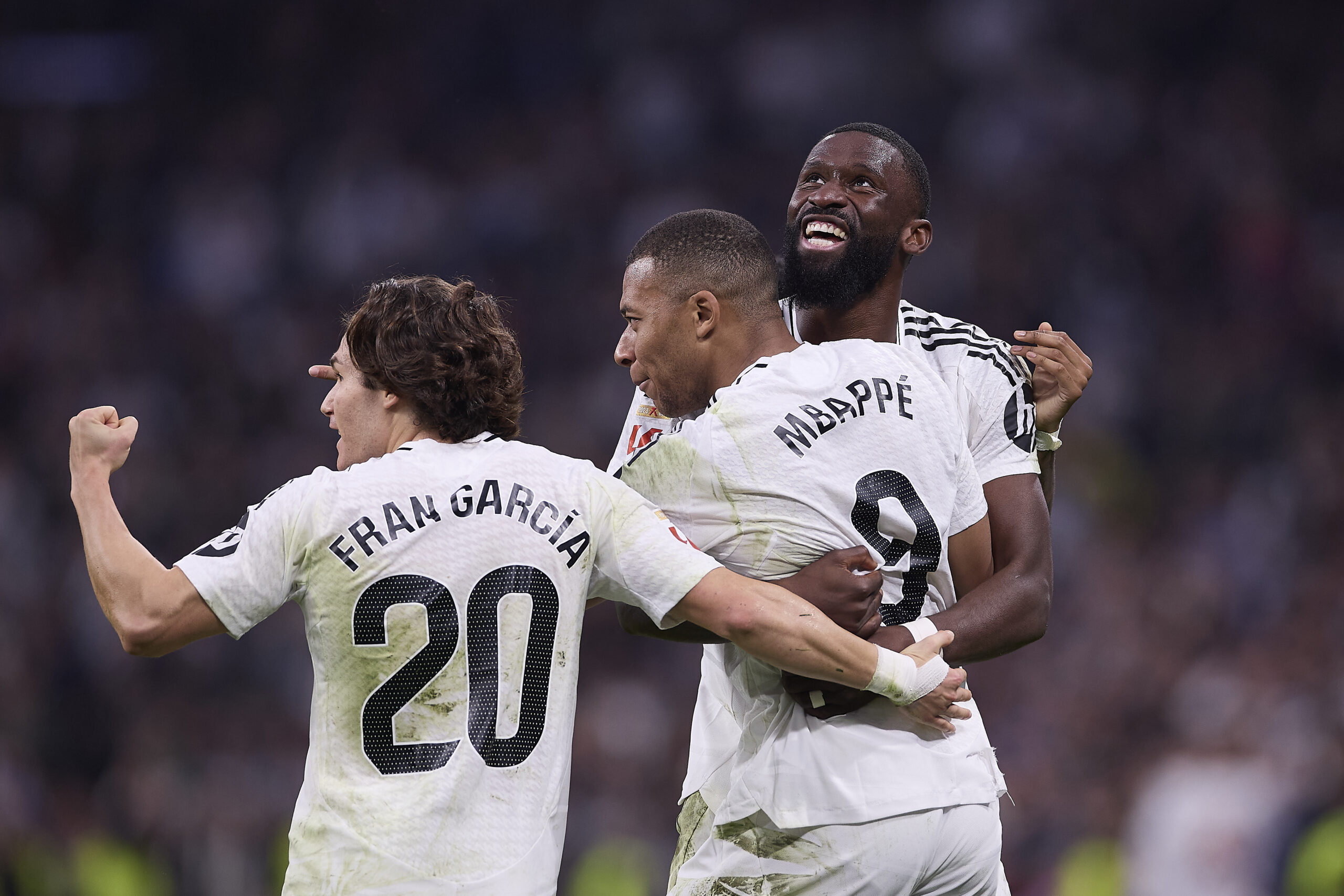 (From L to R) Fran Garcia of Real Madrid CF, Kylian Mbappe of Real Madrid CF and Antonio Rudiger of Real Madrid CF celebrate a goal during the 2024/2025 La Liga EA Sports week 15 football match between Real Madrid CF and Getafe CF at Santiago Bernabeu stadium. Final score: Real Madrid CF 2 : 0 Getafe CF (Photo by Federico Titone / SOPA Images/Sipa USA)
2024.12.01 Madryt
pilka nozna liga hiszpanska
Real Madryt - Getafe CF
Foto Federico Titone/SOPA Images/SIPA USA/PressFocus

!!! POLAND ONLY !!!