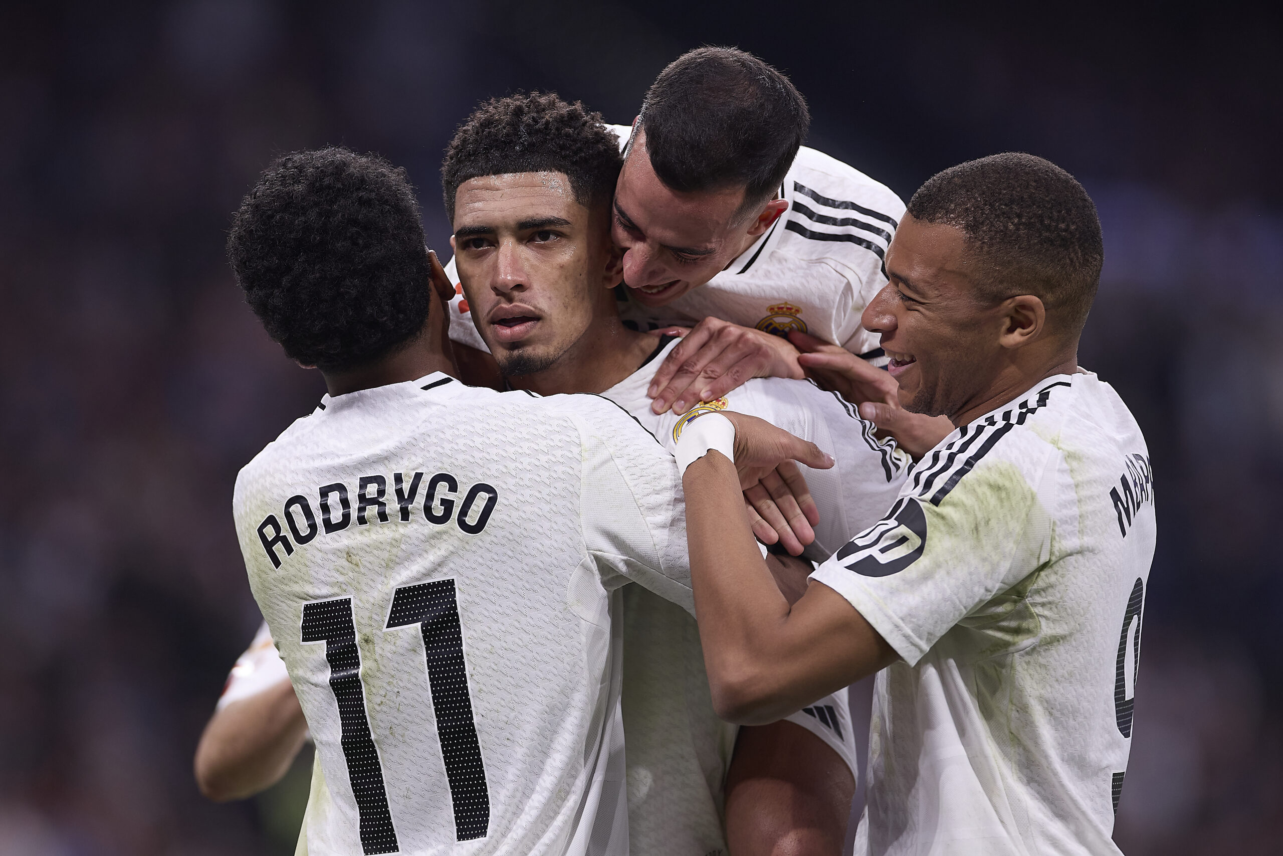 (From L to R) Rodrygo Goes of Real Madrid CF, Jude Bellingham of Real Madrid CF, Lucas Vazquez of Real Madrid CF and Kylian Mbappe of Real Madrid CF celebrate a goal during the 2024/2025 La Liga EA Sports week 15 football match between Real Madrid CF and Getafe CF at Santiago Bernabeu stadium. Final score: Real Madrid CF 2 : 0 Getafe CF (Photo by Federico Titone / SOPA Images/Sipa USA)
2024.12.01 Madryt
pilka nozna liga hiszpanska
Real Madryt - Getafe CF
Foto Federico Titone/SOPA Images/SIPA USA/PressFocus

!!! POLAND ONLY !!!