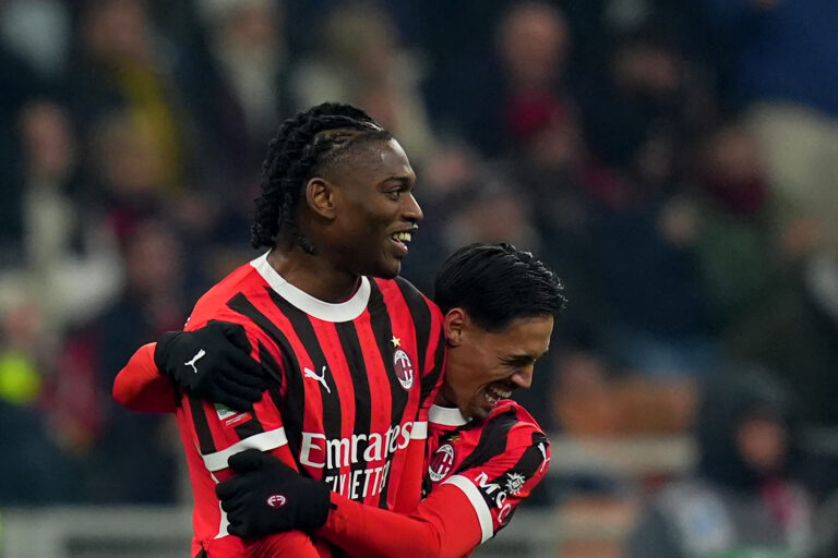 AC Milan’s Rafael Leao  celebrates after scoring 4-0 during  the Italy Cup Frecciarossa soccer match between Milan and Sassuolo at San Siro  Stadium in Milan  , North Italy - Tuesday  , December 03  , 2024. Sport - Soccer . (Photo by Spada/LaPresse) (Photo by Spada/LaPresse/Sipa USA)
2024.12.03 Milano 
pilka nozna puchar wloch
Milan - Sassuolo
Foto Spada/LaPresse/SIPA USA/PressFocus

!!! POLAND ONLY !!!