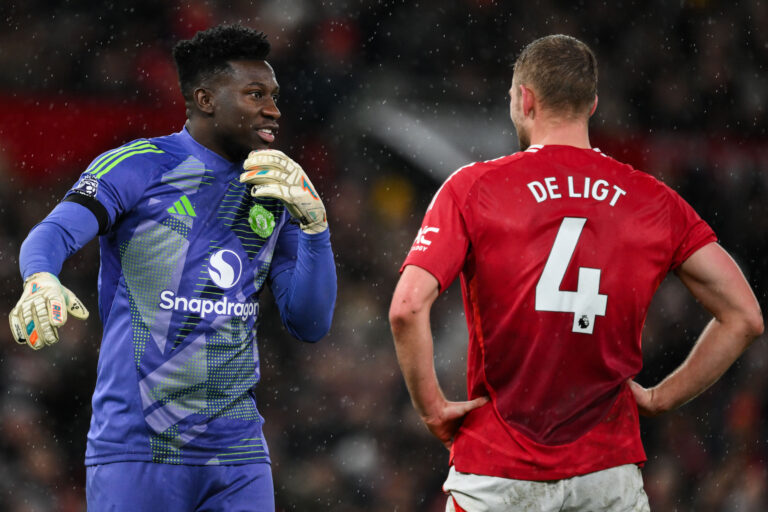 Andr Onana of Manchester United talks to Matthijs de Ligt of Manchester United during the Premier League match Manchester United vs Nottingham Forest at Old Trafford, Manchester, United Kingdom, 7th December 2024

(Photo by Craig Thomas/News Images) in Manchester, United Kingdom on 12/7/2024. (Photo by Craig Thomas/News Images/Sipa USA)
2024.12.07 Manchester
pilka nozna liga angielska
Manchester United - Nottingham Forest
Foto News Images/SIPA USA/PressFocus

!!! POLAND ONLY !!!