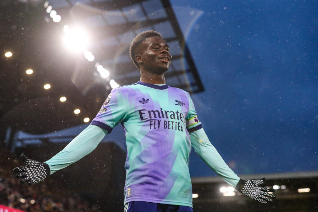 Bukayo Saka of Arsenal celebrates his goal but is ruled out by VAR for offside, no goal during the Premier League match Fulham vs Arsenal at Craven Cottage, London, United Kingdom, 8th December 2024

(Photo by Gareth Evans/News Images) in ,  on 12/8/2024. (Photo by Gareth Evans/News Images/Sipa USA)
2024.12.08 Londyn
pilka nozna liga angielska
Fulham - Arsenal Londyn
Foto Gareth Evans/News Images/SIPA USA/PressFocus

!!! POLAND ONLY !!!