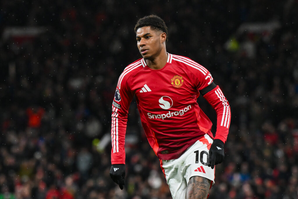 Marcus Rashford of Manchester United in action during the Premier League match Manchester United vs Nottingham Forest at Old Trafford, Manchester, United Kingdom, 7th December 2024

(Photo by Craig Thomas/News Images) in ,  on 12/8/2024. (Photo by Craig Thomas/News Images/Sipa USA)
2024.12.08 
pilka nozna liga angielska
Manchester United - Nottingham Forest
Foto News Images/SIPA USA/PressFocus

!!! POLAND ONLY !!!