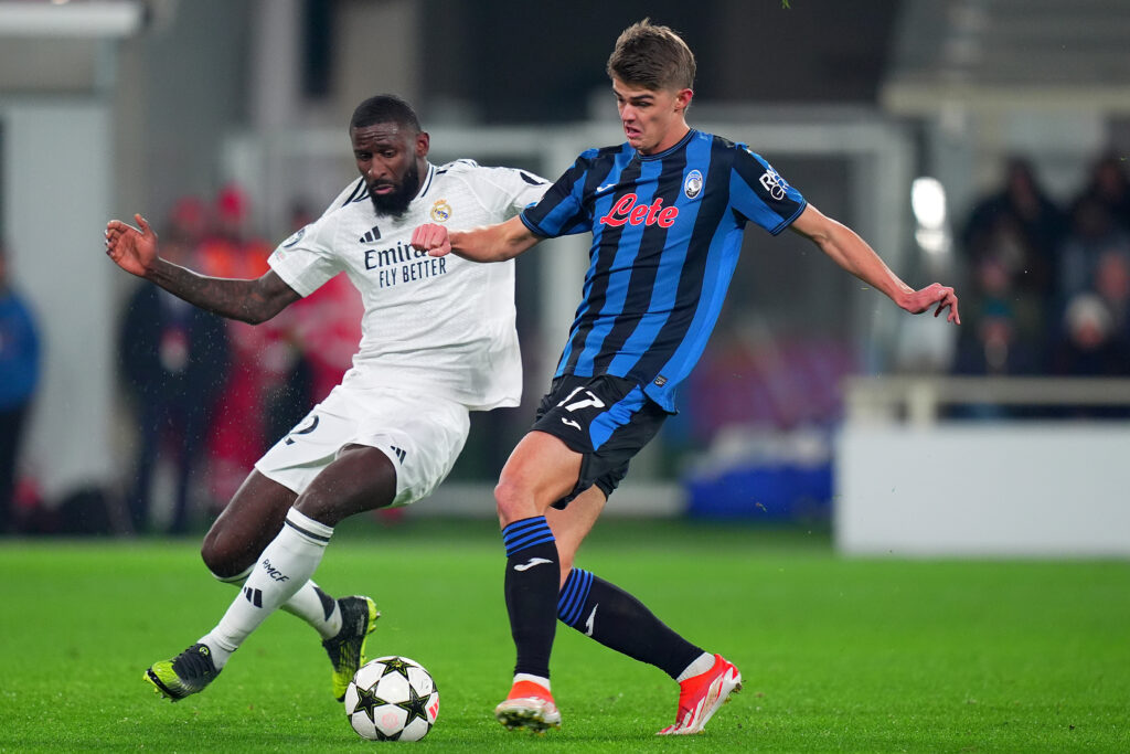 Real MadridÕs Antonio Rudiger fight for the ball with Atalanta&#039;s Charles De Ketelaere during the Uefa Champions League soccer match between Atalanta and Real Madrid  a at the Gewiss Stadium in Bergamo, north Italy - Tuesday , December  10  , 2024. Sport - Soccer . (Photo by Spada/LaPresse) (Photo by Spada/LaPresse/Sipa USA)
2024.12.09 Bergamo
pilka nozna liga mistrzow
Atalanta - Real Madryt
Foto LaPresse/SIPA USA/PressFocus

!!! POLAND ONLY !!!