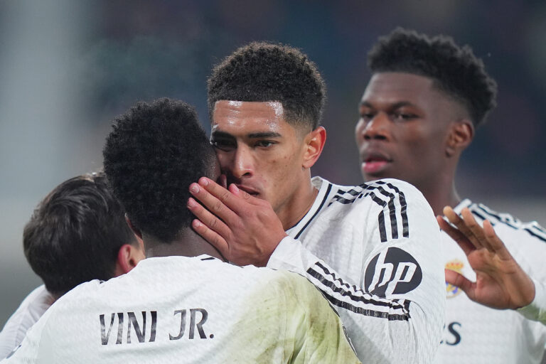 Real MadridÕs Vinicius Junior , Real Madrid&#039;s Jude Bellingham  celebrates after scoring  1-2  during the Uefa Champions League soccer match between Atalanta and Real Madrid  a at the Gewiss Stadium in Bergamo, north Italy - Tuesday , December  10  , 2024. Sport - Soccer . (Photo by Spada/LaPresse) (Photo by Spada/LaPresse/Sipa USA)
2024.12.10 Bergamo
pilka nozna liga mistrzow
Atalanta - Real Madryt
Foto LaPresse/SIPA USA/PressFocus

!!! POLAND ONLY !!!