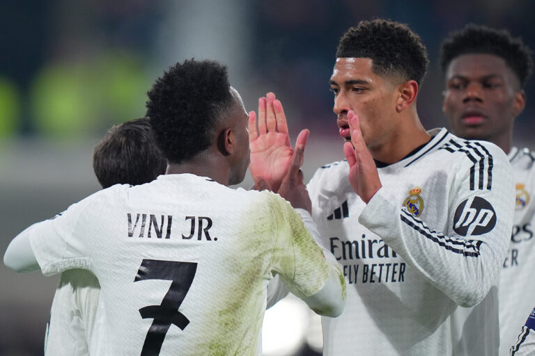 Real MadridÕs Vinicius Junior , Real Madrid&#039;s Jude Bellingham  celebrates after scoring  1-2  during the Uefa Champions League soccer match between Atalanta and Real Madrid  a at the Gewiss Stadium in Bergamo, north Italy - Tuesday , December  10  , 2024. Sport - Soccer . (Photo by Spada/LaPresse) (Photo by Spada/LaPresse/Sipa USA)
2024.12.10 Bergamo
pilka nozna liga mistrzow
Atalanta - Real Madryt
Foto LaPresse/SIPA USA/PressFocus

!!! POLAND ONLY !!!