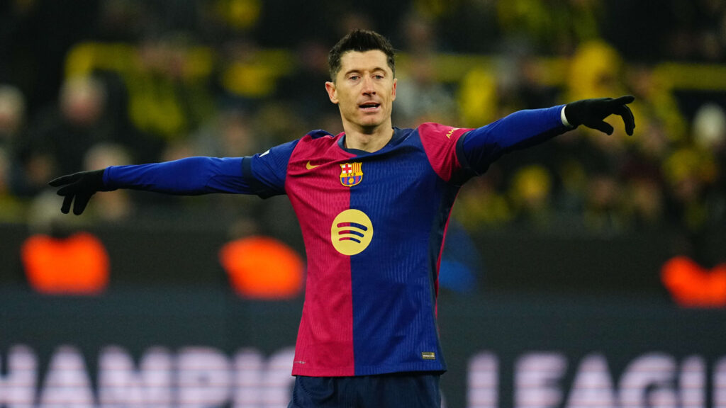 December 11 2024: Robert Lewandowski of FC Barcelona  gestures during a Champions League Round 6 game, BvB Dortmund v FC Barcelona, at Signal Luna Park, Dortmund, Germany. Ulrik Pedersen/CSM/Sipa USA (Credit Image: © Ulrik Pedersen/Cal Sport Media/Sipa USA)
2024.12.11 Dortmund
pilka nozna liga mistrzow
Borussia Dortmund - FC Barcelona
Foto Ulrik Pedersen/Cal Sport Media/SIPA USA/PressFocus

!!! POLAND ONLY !!!