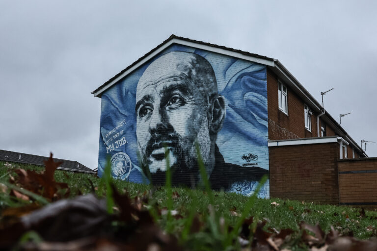 A Pep Guardiola mural in the nearby streets of the Etihad during the Premier League match Manchester City vs Manchester United at Etihad Stadium, Manchester, United Kingdom, 15th December 2024

(Photo by Mark Cosgrove/News Images) in Manchester, United Kingdom on 12/15/2024. (Photo by Mark Cosgrove/News Images/Sipa USA)
2024.12.15 Manchester
pilka nozna liga angielska
Manchester City - Manchester United
Foto News Images/SIPA USA/PressFocus

!!! POLAND ONLY !!!