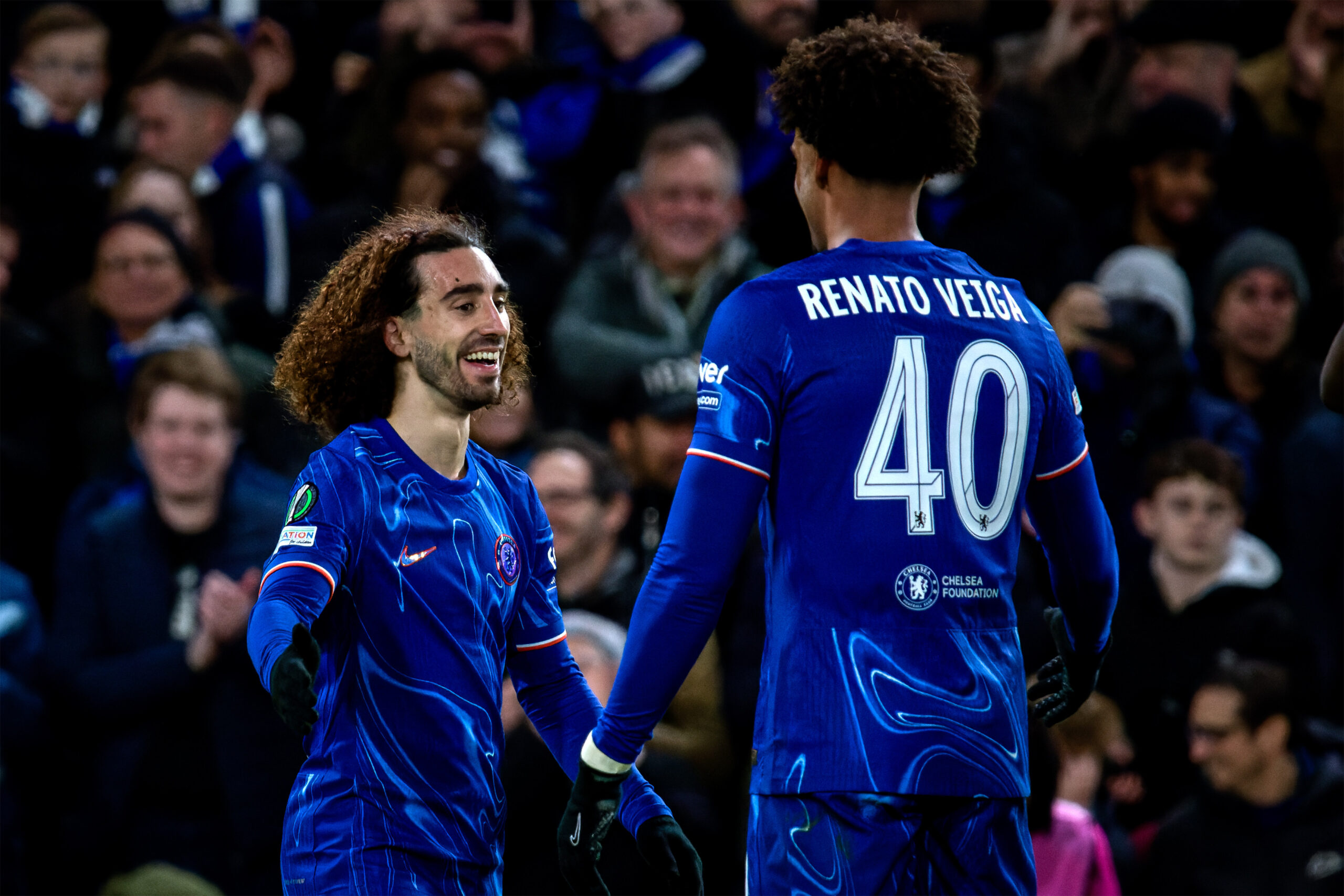 London, England, December 19 2024: Marc Cucurella (3 Chelsea) celebrates his goal with Renato Veiga (40 Chelsea) during the UEFA Conference League game between Chelsea and Shamrock Rovers at Stamford Bridge in London, England.  (Pedro Porru / SPP) (Photo by Pedro Porru / SPP/Sipa USA)
2024.12.19 London
pilka nozna Liga Konferencji UEFA
Chelsea - Shamrock Rovers
Foto Pedro Porru / SPP/SIPA USA/PressFocus

!!! POLAND ONLY !!!