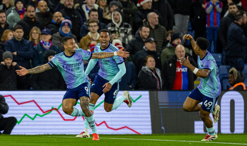 (241222) -- LONDON, Dec. 22, 2024 (Xinhua) -- Arsenal&#039;s Gabriel Jesus (L) celebrates after scoring the first goal during the English Premier League match between Crystal Palace and Arsenal in London, Britain, on Dec. 21, 2024. (Xinhua)
FOR EDITORIAL USE ONLY. NOT FOR SALE FOR MARKETING OR ADVERTISING CAMPAIGNS. NO USE WITH UNAUTHORIZED AUDIO, VIDEO, DATA, FIXTURE LISTS, CLUB/LEAGUE LOGOS OR &quot;LIVE&quot; SERVICES. ONLINE IN-MATCH USE LIMITED TO 45 IMAGES, NO VIDEO EMULATION. NO USE IN BETTING, GAMES OR SINGLE CLUB/LEAGUE/PLAYER PUBLICATIONS. (Xinhua)

21.12.2024 LONDON
pilka nozna liga angielska
Crystal Palace - Arsenal 
FOTO Xinhua / Xinhua / PressFocus

POLAND ONLY!!