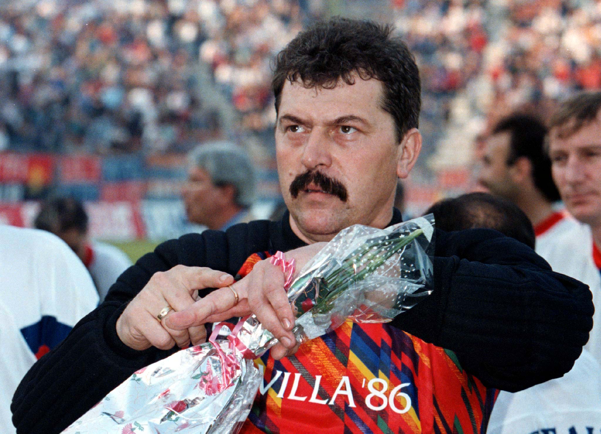 Steaua Bucharest&#039;s goalkeeper Helmuth Duckadam gestures after he receives flowers from fans at the beginning of the anniversary soccer rematch of the 1986 final in which Steaua become the first East European club to win the European soccer Cup. Duckadam rose to instant fame in 1986 by defending four consecutive penalty kicks,Image: 444535239, License: Rights-managed, Restrictions: , Model Release: no, Credit line: Radu Sigheti / Reuters / Forum