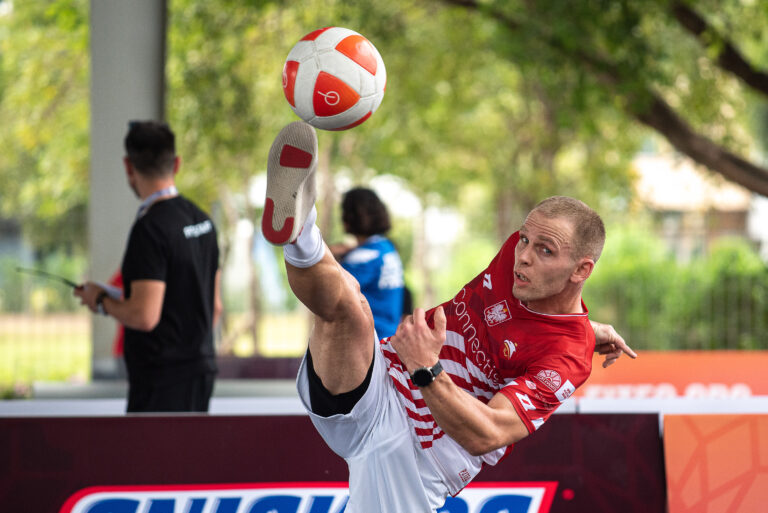 December 1, 2023, Bangkok, Thailand: Adrian Duszak of Poland seen in action during the Men&#039;s Singles  Quarterfinals Round of World Teqball Championships 2023 against Bogdan Marojevic ( not pictured) of Serbia at Huamark Indoor Stadium. Adrian Duszak won over Bogdan Marojevic 2:0,Image: 825914830, License: Rights-managed, Restrictions: , Model Release: no, Credit line: Peerapon Boonyakiat / Zuma Press / Forum