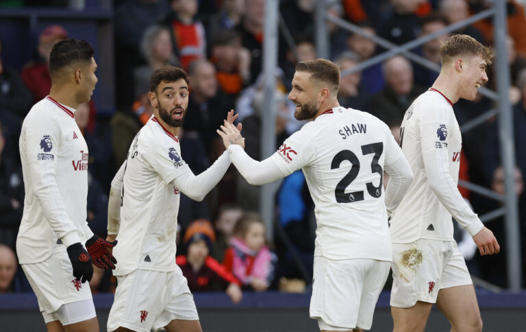 Soccer Football - Premier League - Luton Town v Manchester United - Kenilworth Road, Luton, Britain - February 18, 2024 Manchester United&#039;s Rasmus Hojlund celebrates scoring their second goal with Bruno Fernandes, Luke Shaw and Casemiro  NO USE WITH UNAUTHORIZED AUDIO, VIDEO, DATA, FIXTURE LISTS, CLUB/LEAGUE LOGOS OR &#039;LIVE&#039; SERVICES. ONLINE IN-MATCH USE LIMITED TO 45 IMAGES, NO VIDEO EMULATION. NO USE IN BETTING, GAMES OR SINGLE CLUB/LEAGUE/PLAYER PUBLICATIONS.,Image: 848002031, License: Rights-managed, Restrictions: NO USE WITH UNAUTHORIZED AUDIO, VIDEO, DATA, FIXTURE LISTS, CLUB/LEAGUE LOGOS OR “LIVE” SERVICES. ONLINE IN-MATCH USE LIMITED TO 45 IMAGES, NO VIDEO EMULATION. NO USE IN BETTING, GAMES OR SINGLE CLUB/LEAGUE/PLAYER PUBLICATIONS., Model Release: no, Credit line: PETER CZIBORRA / Reuters / Forum