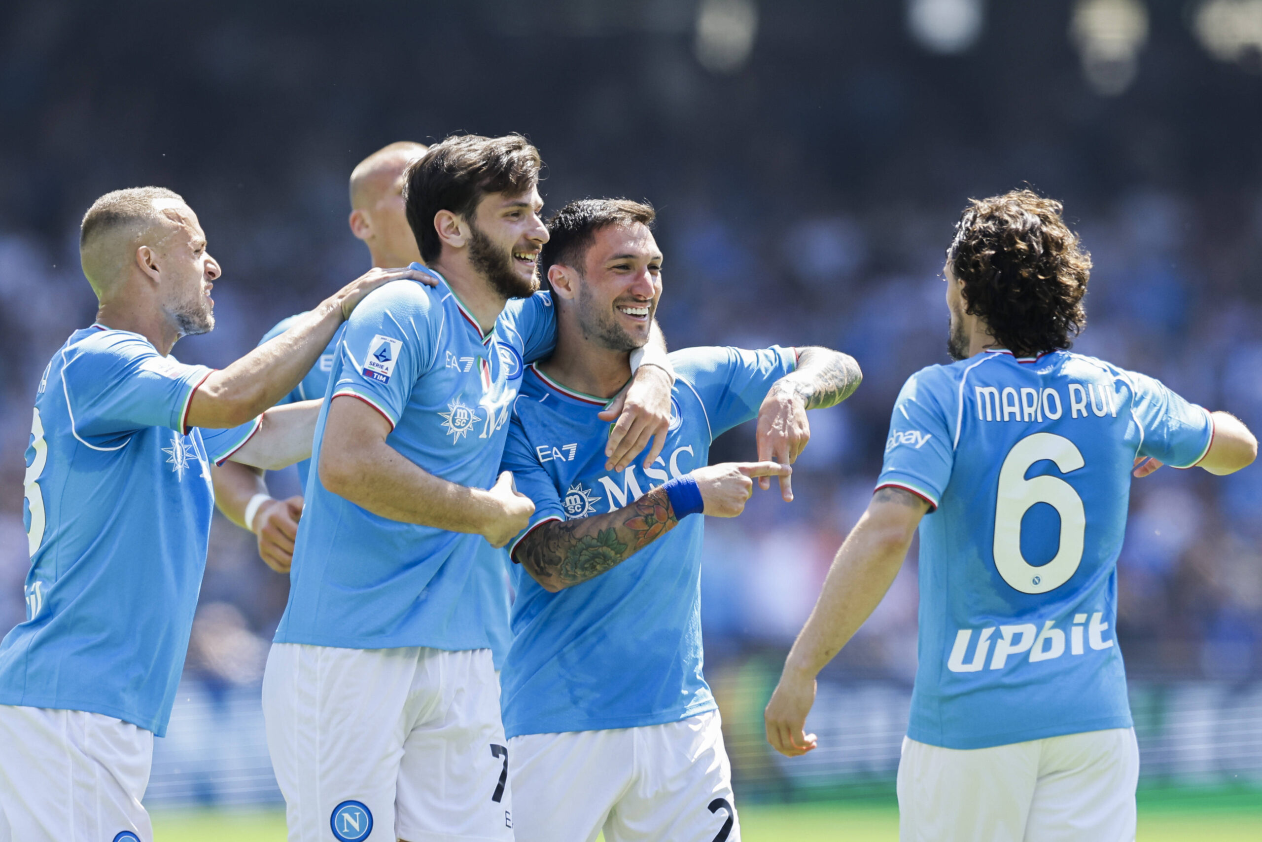 Italy: Serie a football match SSC Napoli vs A Frosinone SSC Napoli s Italian forward Matteo Politano celebrates after scoring a goal during the Serie A football match between SSC Napoli and Frosinone at the Diego Armando Maradona Stadium in Naples, southern Italy, on April 14, 2024. ABPH8642 Copyright: xAntonioxBalascox,Image: 864937349, License: Rights-managed, Restrictions: , Model Release: no, Credit line: Antonio Balasco / imago sport / Forum