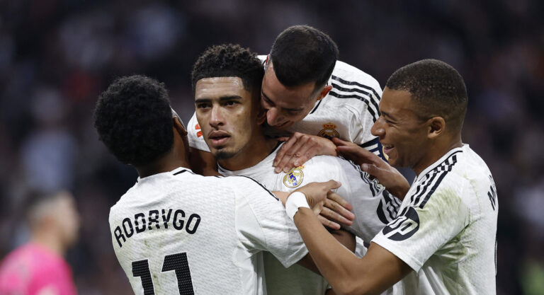 Soccer Football - LaLiga - Real Madrid v Getafe - Santiago Bernabeu, Madrid, Spain - December 1, 2024 Real Madrid&#039;s Jude Bellingham celebrates scoring their first goal with Lucas Vazquez, Kylian Mbappe and Rodrygo,Image: 941606598, License: Rights-managed, Restrictions: , Model Release: no, Credit line: Juan Medina / Reuters / Forum