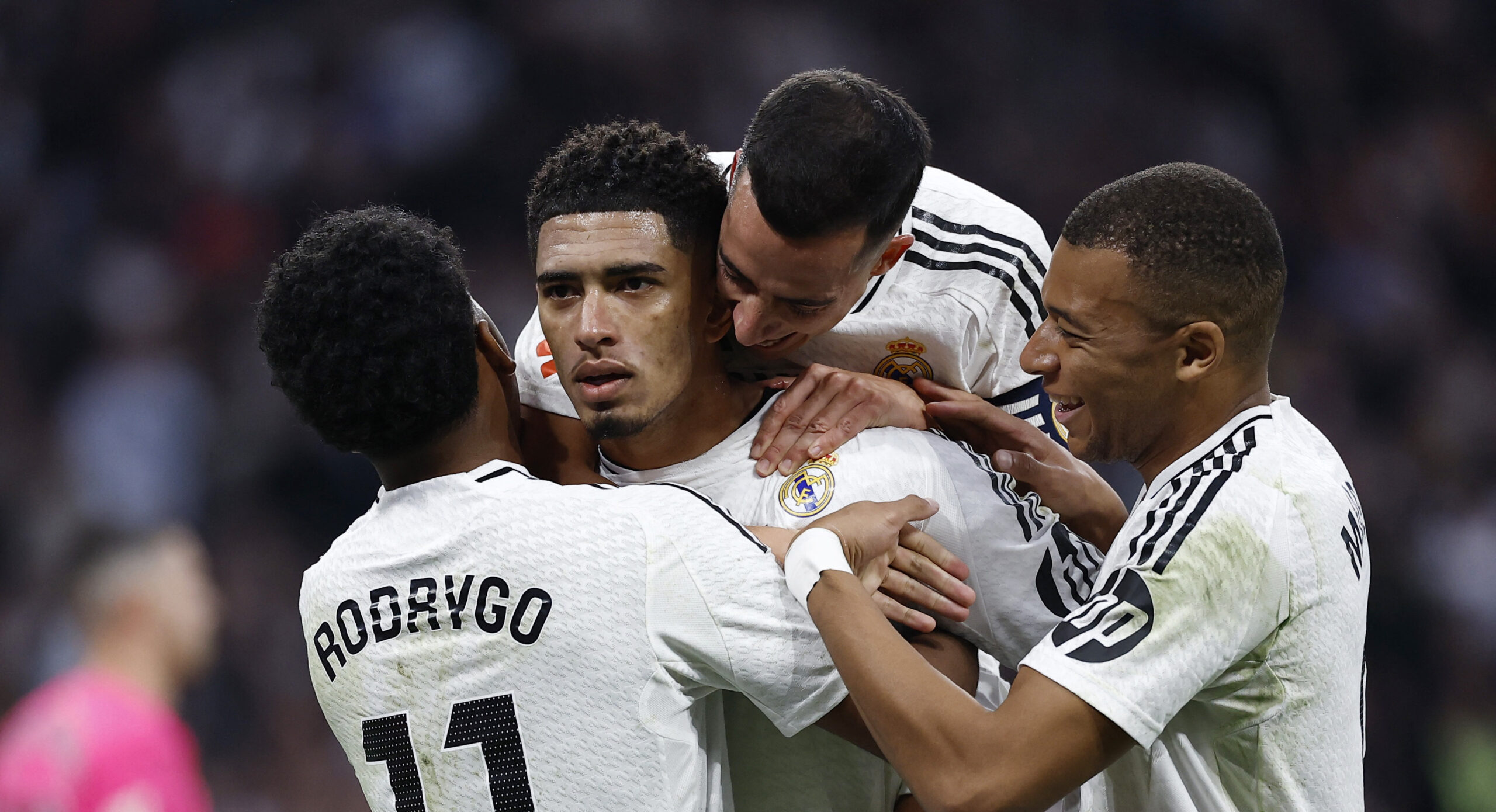 Soccer Football - LaLiga - Real Madrid v Getafe - Santiago Bernabeu, Madrid, Spain - December 1, 2024 Real Madrid&#039;s Jude Bellingham celebrates scoring their first goal with Lucas Vazquez, Kylian Mbappe and Rodrygo,Image: 941606598, License: Rights-managed, Restrictions: , Model Release: no, Credit line: Juan Medina / Reuters / Forum