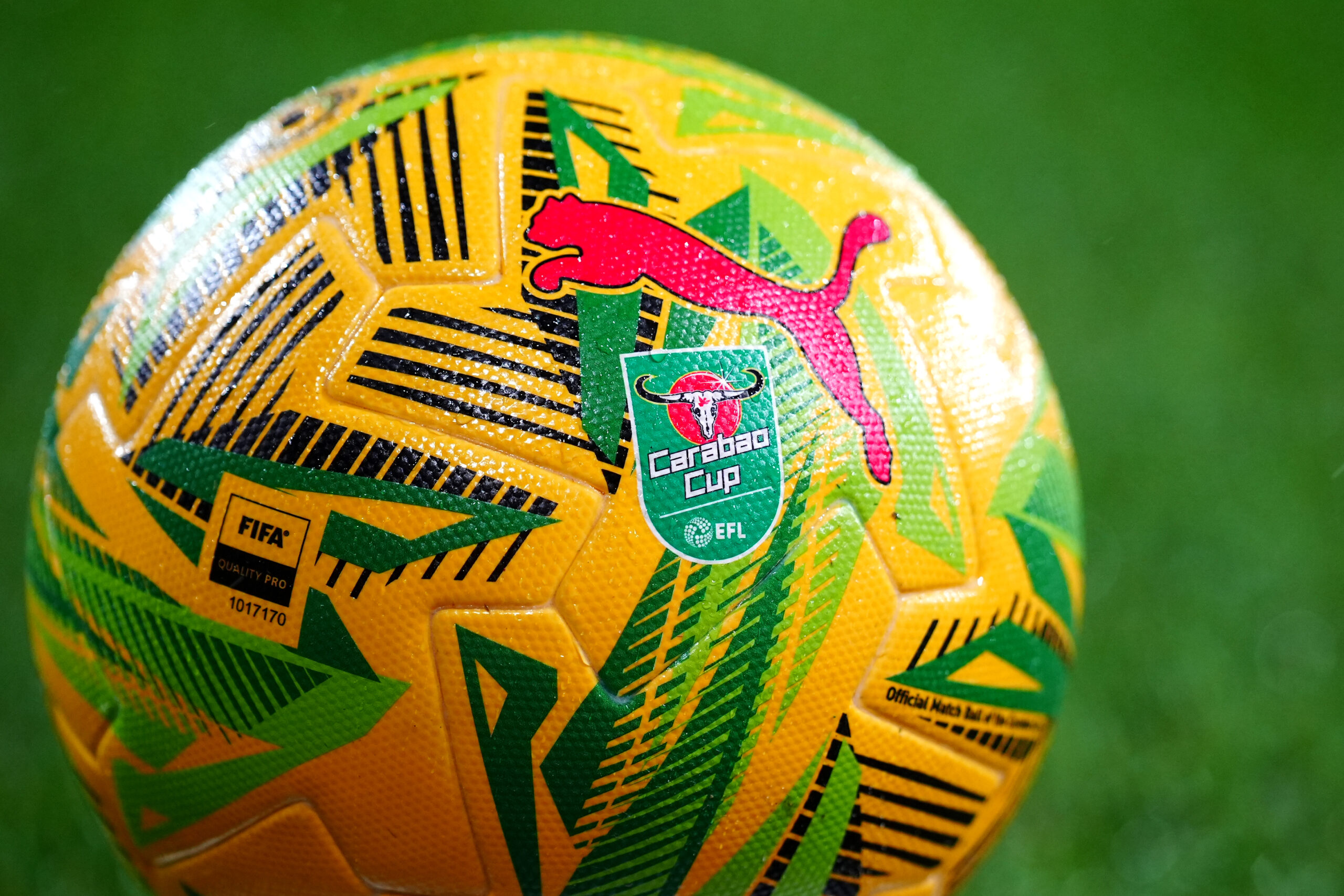 A close up of the official Puma Carabao Cup match ball during the Carabao Cup quarter-final match at the Emirates Stadium, London. Picture date: Wednesday December 18, 2024.,Image: 948220232, License: Rights-managed, Restrictions: EDITORIAL USE ONLY No use with unauthorised audio, video, data, fixture lists, club/league logos or &quot;live&quot; services. Online in-match use limited to 120 images, no video emulation. No use in betting, games or single club/league/player publications., Model Release: no, Credit line: Mike Egerton / PA Images / Forum