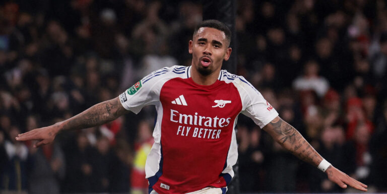 Soccer Football - Carabao Cup - Quarter Final - Arsenal v Crystal Palace - Emirates Stadium, London, Britain - December 18, 2024 Arsenal&#039;s Gabriel Jesus celebrates scoring their second goal  EDITORIAL USE ONLY. NO USE WITH UNAUTHORIZED AUDIO, VIDEO, DATA, FIXTURE LISTS, CLUB/LEAGUE LOGOS OR &#039;LIVE&#039; SERVICES. ONLINE IN-MATCH USE LIMITED TO 120 IMAGES, NO VIDEO EMULATION. NO USE IN BETTING, GAMES OR SINGLE CLUB/LEAGUE/PLAYER PUBLICATIONS. PLEASE CONTACT YOUR ACCOUNT REPRESENTATIVE FOR FURTHER DETAILS..,Image: 948224514, License: Rights-managed, Restrictions: NO USE WITH UNAUTHORIZED AUDIO, VIDEO, DATA, FIXTURE LISTS, CLUB/LEAGUE LOGOS OR “LIVE” SERVICES. ONLINE IN-MATCH USE LIMITED TO 45 IMAGES, NO VIDEO EMULATION. NO USE IN BETTING, GAMES OR SINGLE CLUB/LEAGUE/PLAYER PUBLICATIONS., Model Release: no, Credit line: Hannah McKay / Reuters / Forum