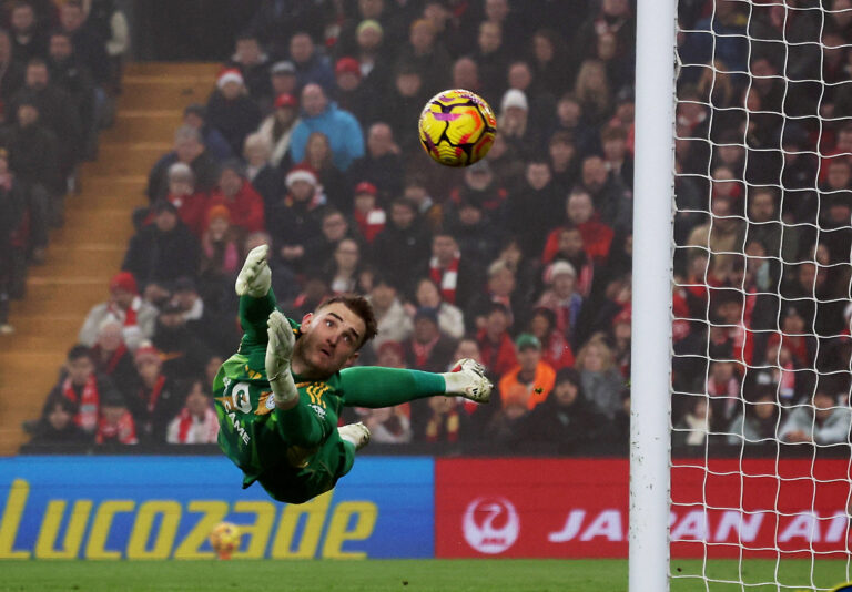 Soccer Football - Premier League - Liverpool v Leicester City - Anfield, Liverpool, Britain - December 26, 2024 Liverpool&#039;s Cody Gakpo scores their first goal past Leicester City&#039;s Jakub Stolarczyk  EDITORIAL USE ONLY. NO USE WITH UNAUTHORIZED AUDIO, VIDEO, DATA, FIXTURE LISTS, CLUB/LEAGUE LOGOS OR &#039;LIVE&#039; SERVICES. ONLINE IN-MATCH USE LIMITED TO 120 IMAGES, NO VIDEO EMULATION. NO USE IN BETTING, GAMES OR SINGLE CLUB/LEAGUE/PLAYER PUBLICATIONS. PLEASE CONTACT YOUR ACCOUNT REPRESENTATIVE FOR FURTHER DETAILS.,Image: 950272501, License: Rights-managed, Restrictions: NO USE WITH UNAUTHORIZED AUDIO, VIDEO, DATA, FIXTURE LISTS, CLUB/LEAGUE LOGOS OR “LIVE” SERVICES. ONLINE IN-MATCH USE LIMITED TO 45 IMAGES, NO VIDEO EMULATION. NO USE IN BETTING, GAMES OR SINGLE CLUB/LEAGUE/PLAYER PUBLICATIONS., Model Release: no, Credit line: David Klein / Reuters / Forum