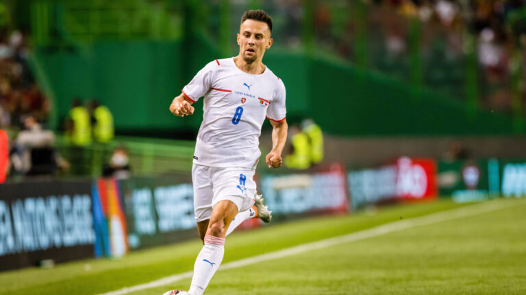 Jakub Pesek of Czech Republic seen in action during the UEFA Nations League, League A group 2 match between Portugal and Czech Republic at the Jose Alvalade stadium.
(Final score; Portugal 2:0 Czech Republic)
2022.06.09 Lisbon
Pilka nozna liga narodow
Portugalia - Czechy
Foto Henrique Casinhas/SOPA Images/SIPA/PressFocus

!!! POLAND ONLY !!!